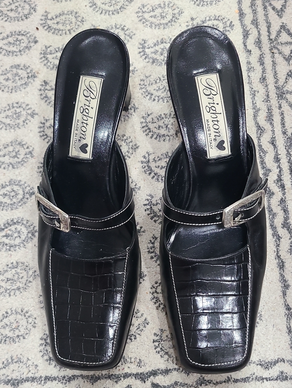 Brighton Black Croc-Embossed Slide Mules with Silver Buckles